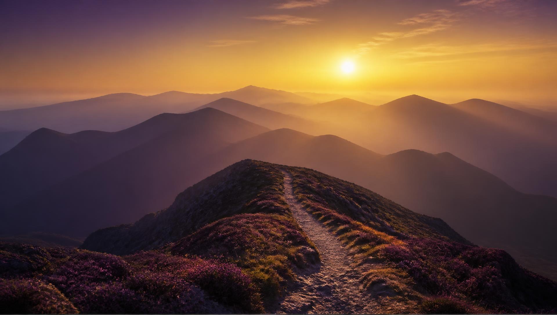 Sunrise over mountain ridges with a winding path